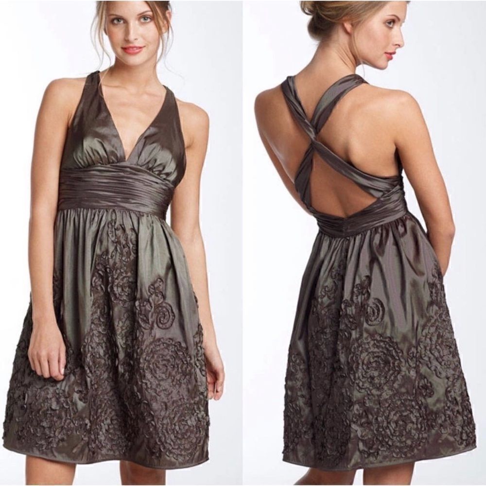 Adrianna Papell Iridescent Chocolate Brown Halter Taffeta Rosette Dress, Size 4
